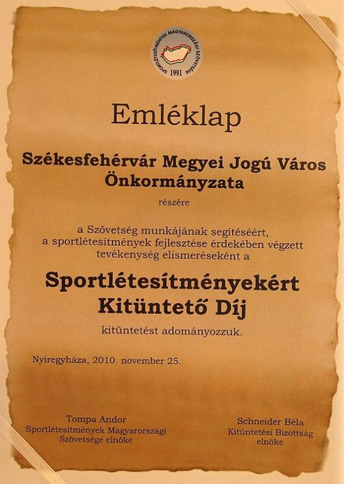 Elismerést Székesfehérvár városának Sport