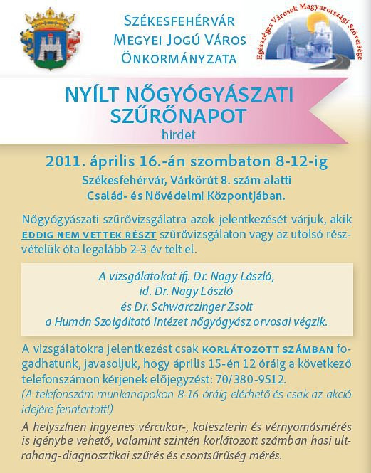 Székesfehérvár nyílt nőgyógyászati szűrőnapot hirdet április 16-án Székesfehérvár